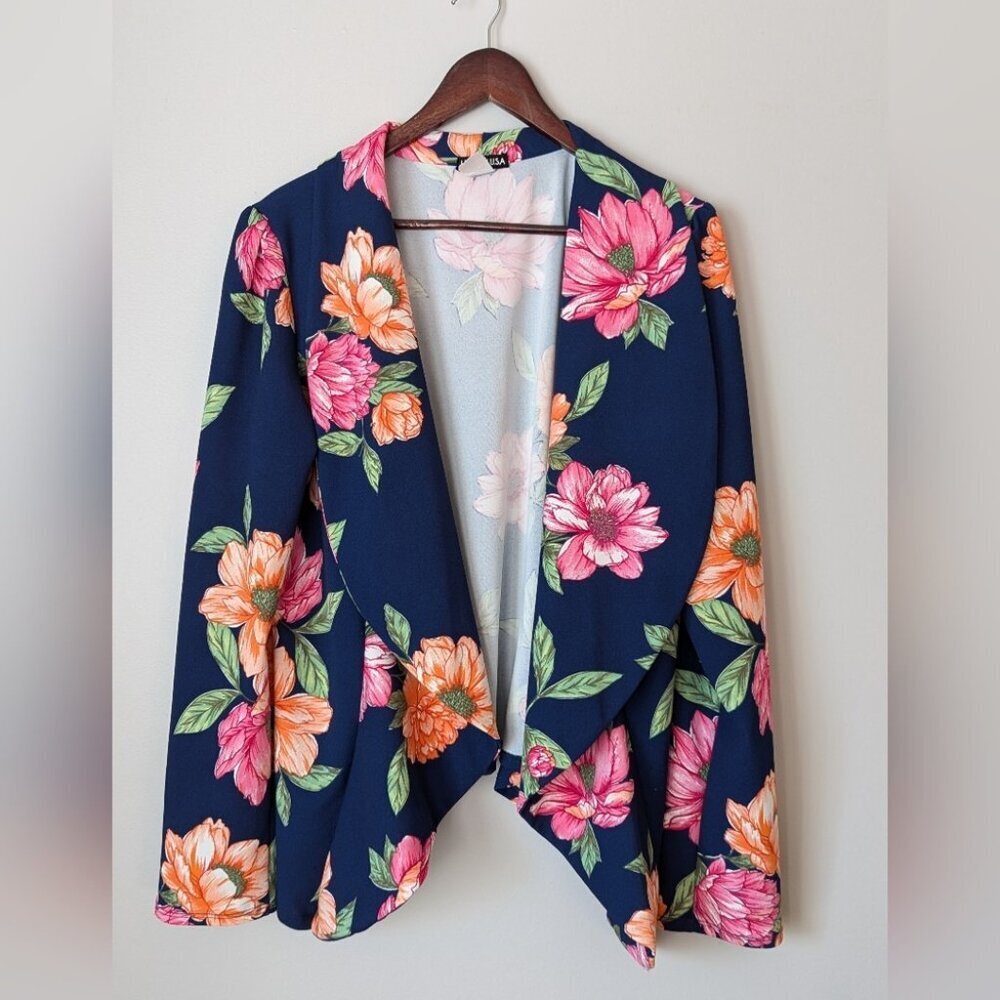 Heimish USA Blue Floral Watercolor Women Blazer Size Large Office Career Jacket